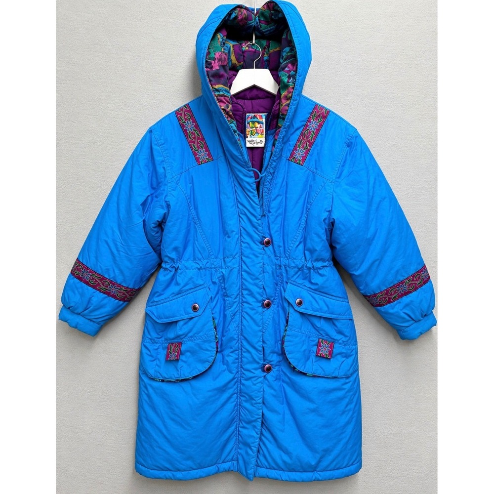 VTG 90s Paramount Kids 18.5 Puffer Parka Jacket Teal Purple Floral Hooded Coat